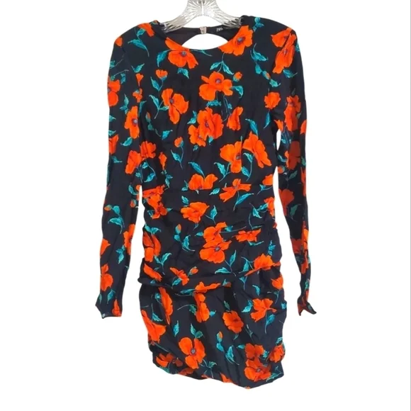 Zara Open Back Long Sleeve Ruched Mini Dress Black Orange Floral Print Size Med - Picture 2 of 15